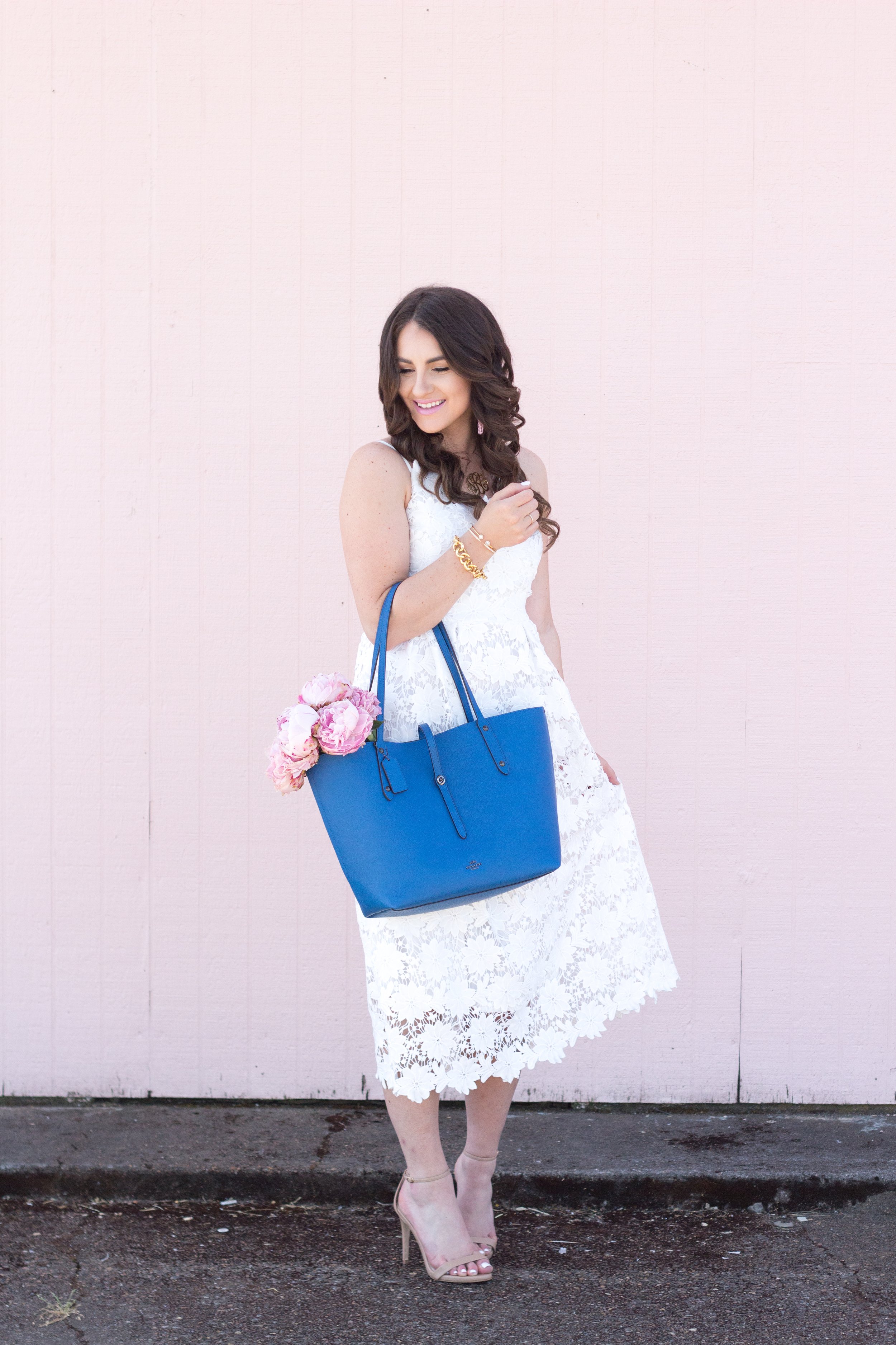 Classic style for Summer in this white dress and blue coach bag for inspiration.