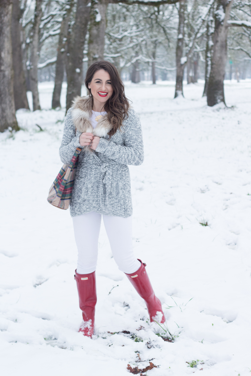 Monogram, Plaid, hunter boots, Red, Faux Fur, Snow - Snow walks in fur and Marley Lily plaid by popular Portland fashion blogger Topknots and Pearls