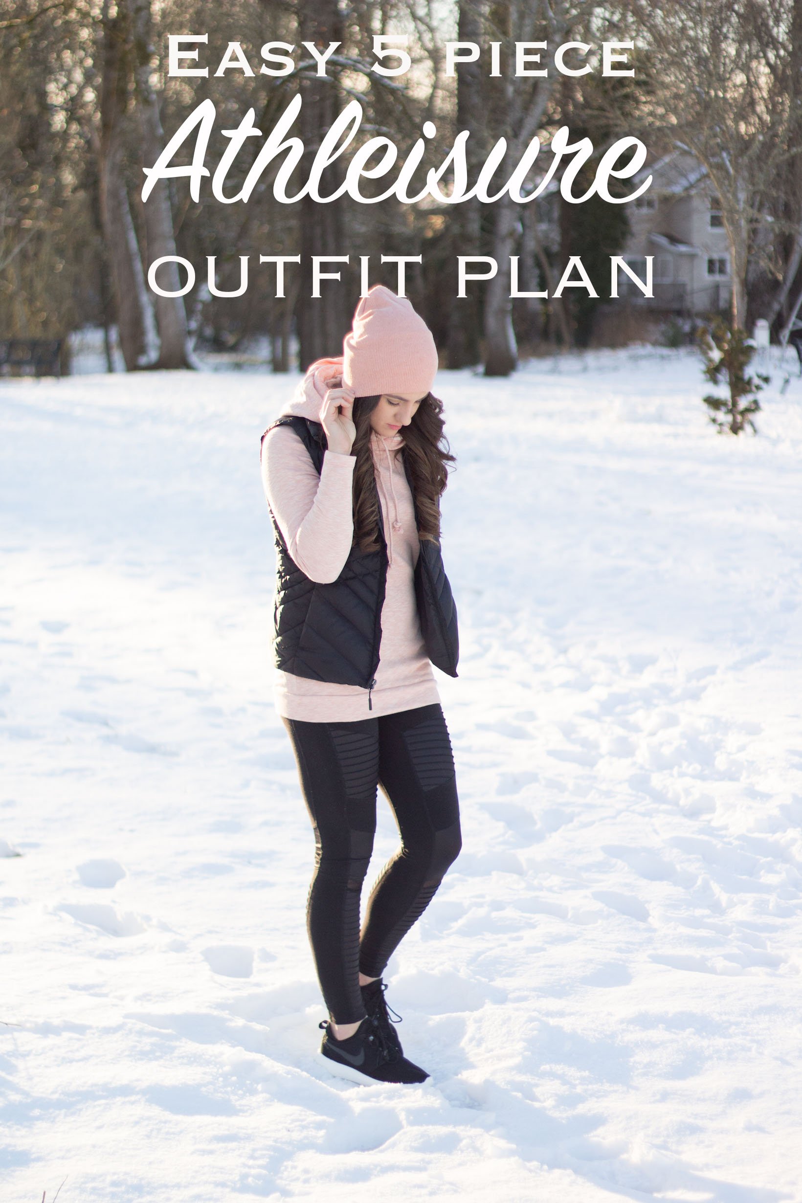 An easy 5 piece plan for a successful athleisure look featuring this blush pink sweatshirt, leggings, nike shoes, and vest. 