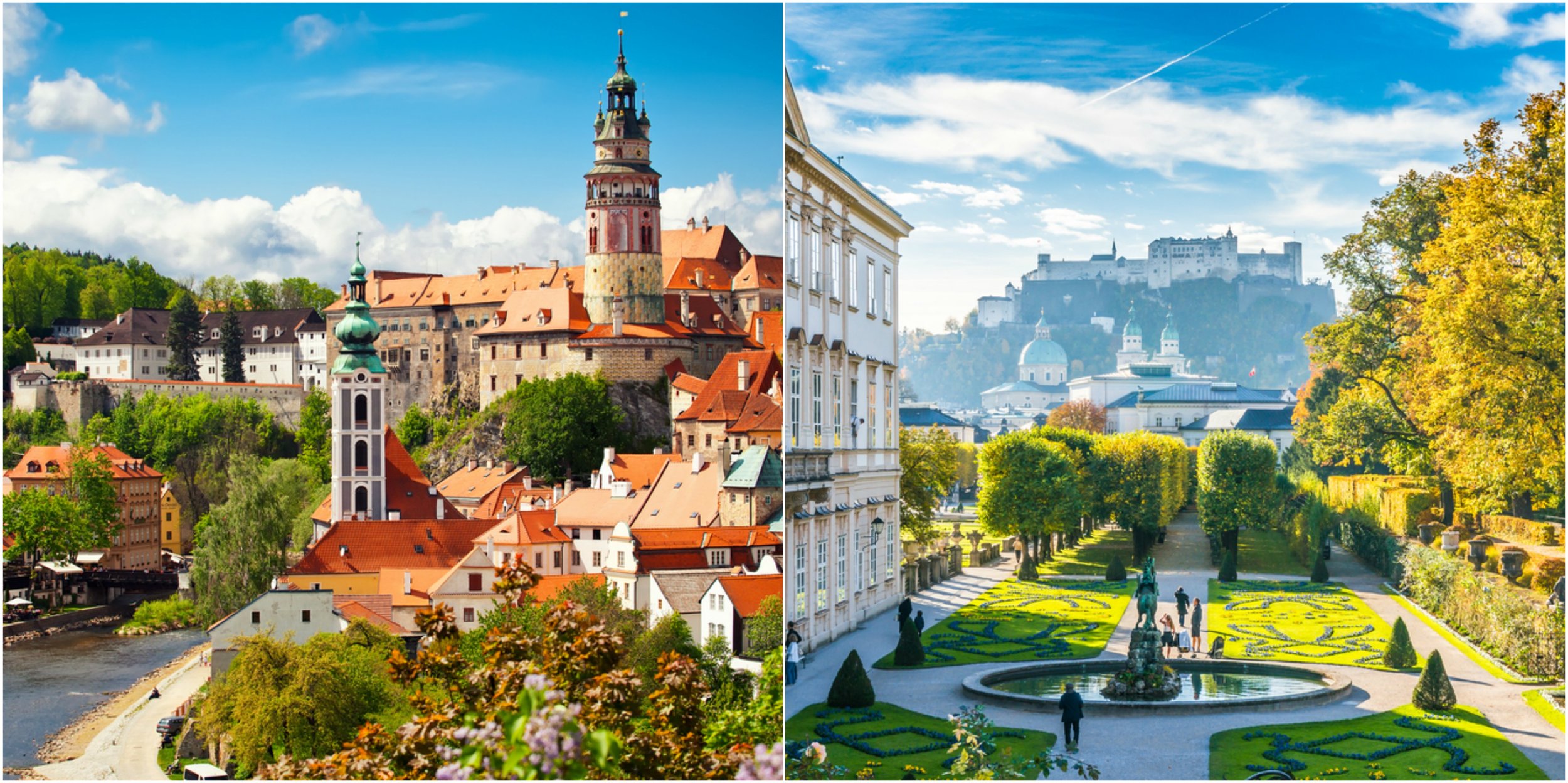 Although different countries, the beautiful town of Cesky Krumlov in the Czech Republic (top) is only just over two hours drive from Salzburg (bottom) in Austria.