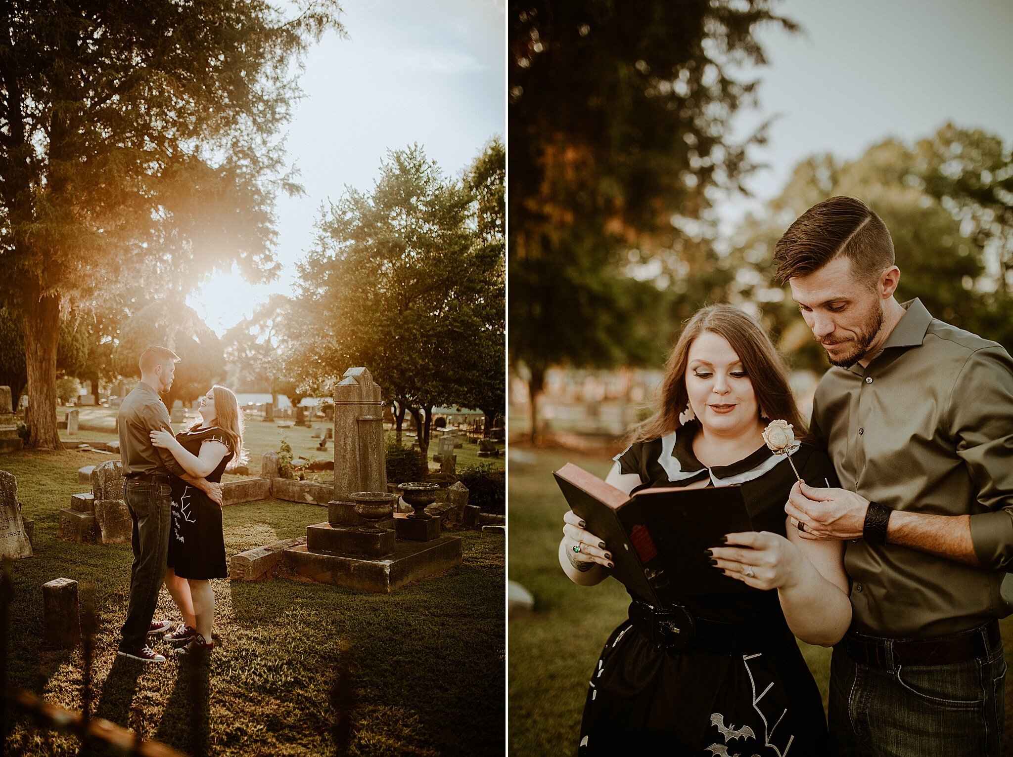 sunset graveyard engagement session with couple in black dress reading horror book