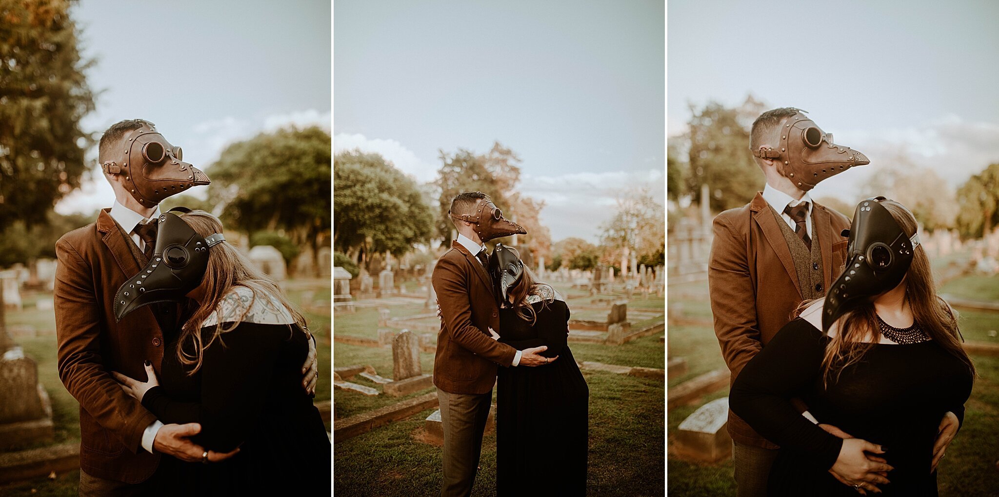 couple wears plague masks during graveyard engagement session