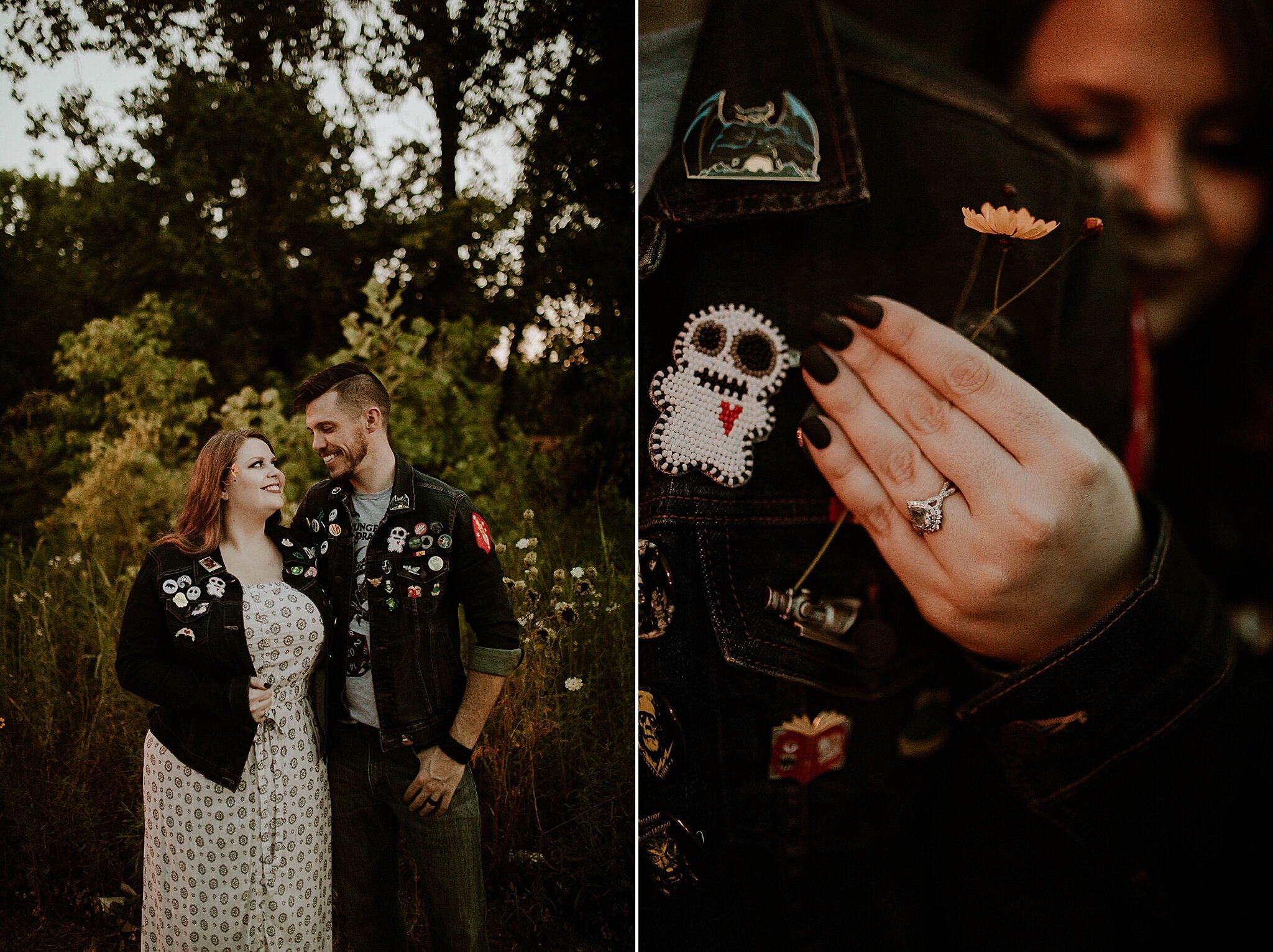 edgy couple poses in leather jackets during spooky graveyard engagement session