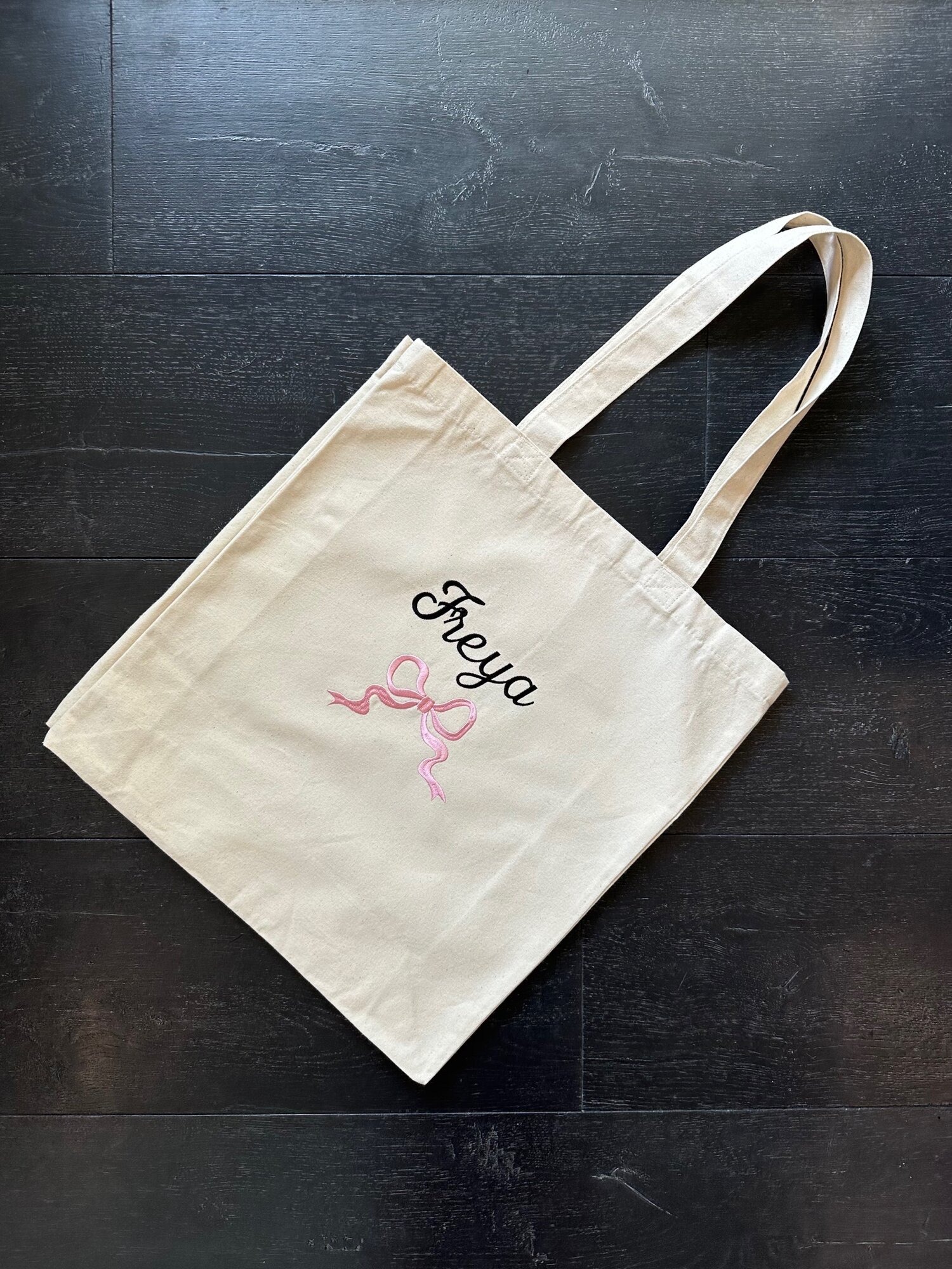 bow tote bag with personalised name — sl embroidery studio