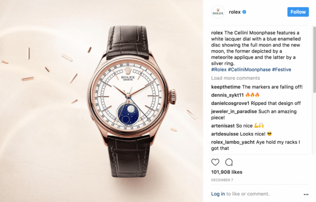 Rolex Instagram post with three tastefully chosen hashtags