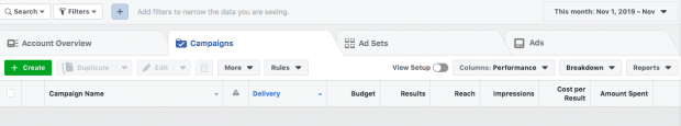 Facebook ads manager dashboard open to Campaigns tab. Green "Create" button is in top left corner.
