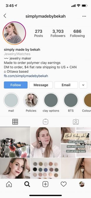 Instagram profile of Simply Made by Beckah showing Instagram Story Highlight of "clay options"