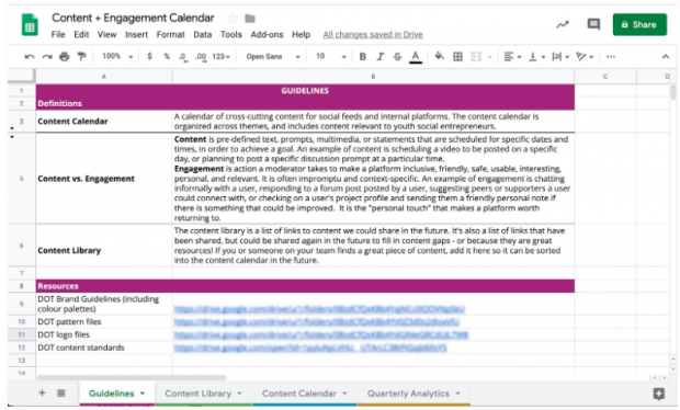 social media content calendar with "guidelines" tab