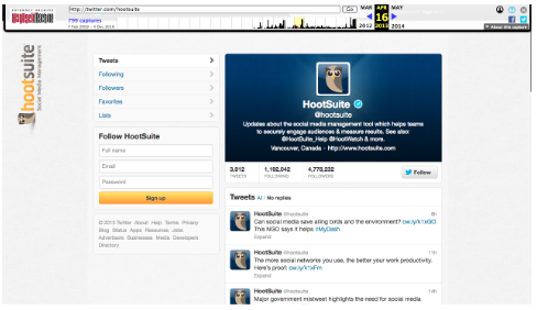 Hootsuite's twitter page on the Wayback machine in 2013