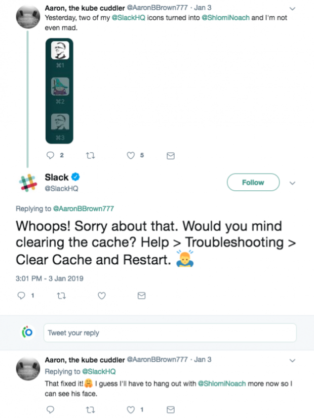 Slack responds to customer on Twitter