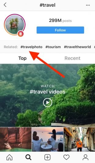 #Travel Instagram hashtag page showing related hashtags include #travelphoto and #tourism