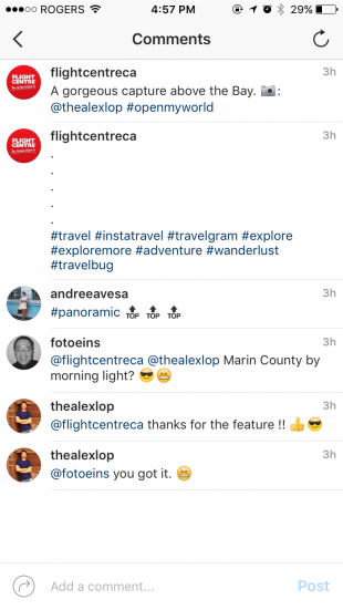 Flight Centre.ca hides their Instagram hashtags under line breaks and within the comment section.