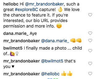 Hello BC asks Instagram user for permission to share their content