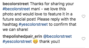 Color Street asks Instagram user if they can share their content on their feed