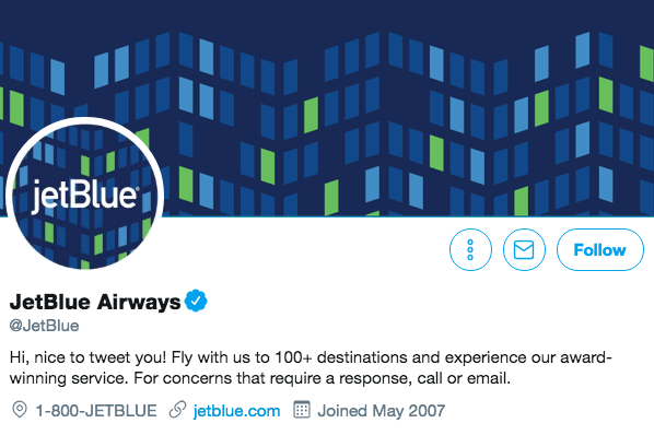 Twitter bio for JetBlue