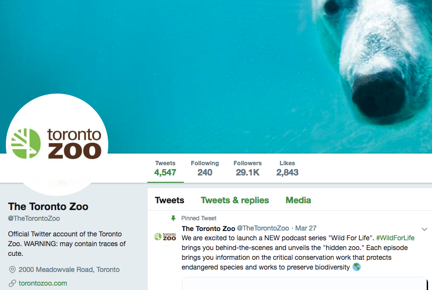 Twitter bio for Toronto Zoo