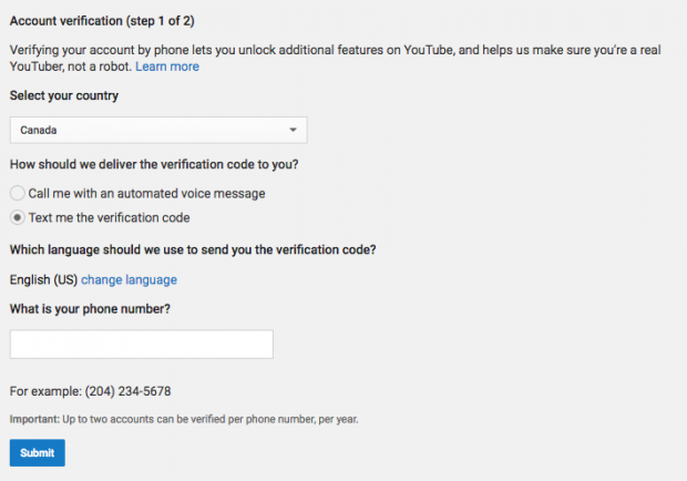 YouTube verification page