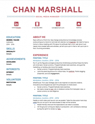 social media manager resume template with red font