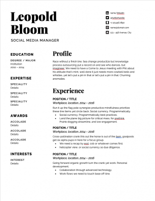 social media manager resume template with black font