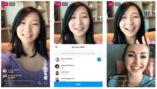 3 screenshots of an Instagram Live showing young woman 1) broadcasting with many hearts appearing in bottom right corner of screen, 2) young woman choosing a person to add to her broadcast, 3) split screen featuring 2 young woman broadcasting at once