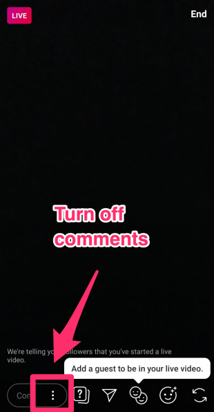Instagram Live dashboard in Instagram highlighting "Turn off comments" button in bottom left corner