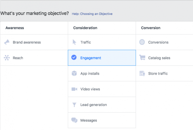 Option to choose your ad objective on Facebook