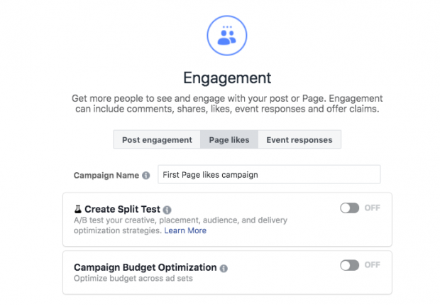 Choosing Engagement option when setting up a Facebook ad