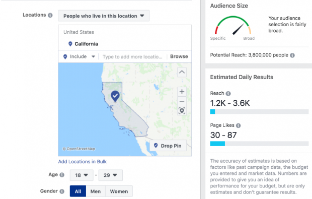 Page showing Facebook targeting options with estimated audience size