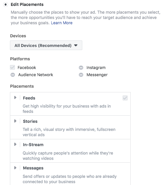 Options for Facebook ad placements