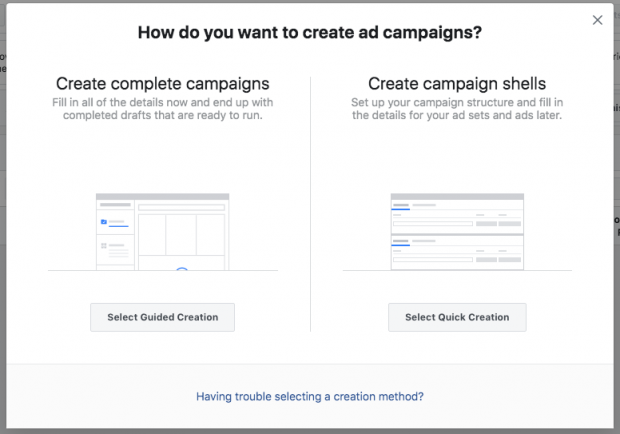 Dialog in Instagram ad manager that shows 2 options "Create complete campaigns" or "Create campaign shells"