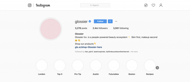 Glossier's link-in-bio is a shopping link