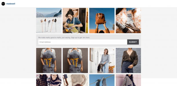 Page you land on after clicking on Madewell's link-in-bio: multiple instagram posts and email newsletter sign yo