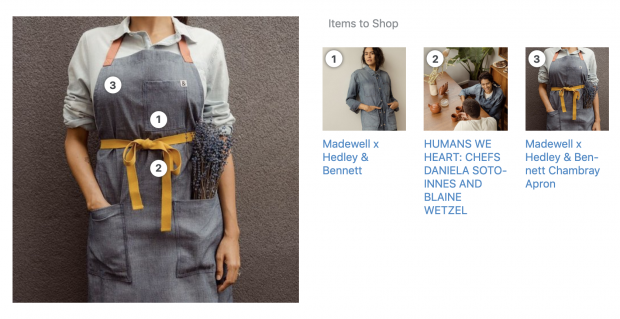 Madewell shoppable Instagram post, woman standing in an apron with lavendar in her pocket and the numbers 1, 2, and 3 on various items of clothing. The numbers correspond to shoppable items on the right.