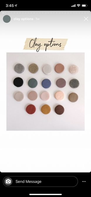 First slide of "Clay Options" Instagram Story by Simply Made By Beckah: 18 different colours of clay displayed on white background in small circles