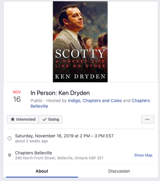 Facebook event for "In Person: Ken Dryden" in Bellville Ontario on November 16, 2019