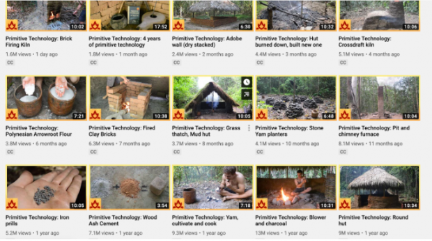 15 video thumbnails on Primitive Technology YouTube page