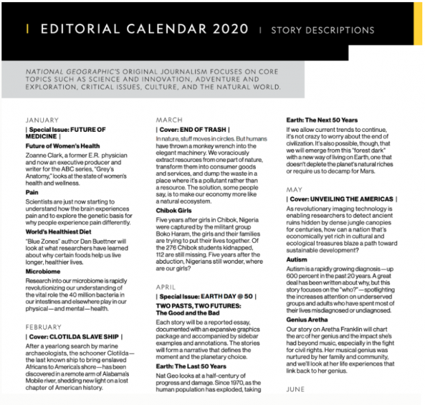 National Geographic editorial calendar 2020
