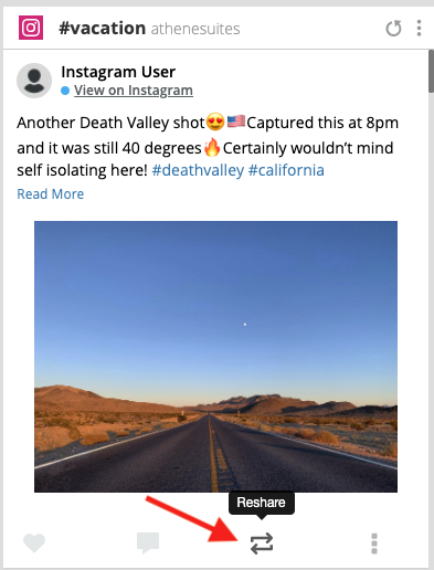"Reshare" button on Instagram post within Hootsuite