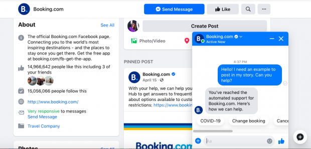 Booking.com chatbot response on Facebook page