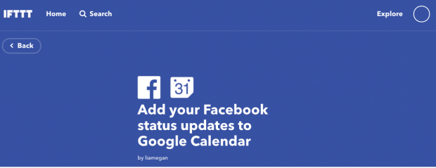 IFTTT prompt to "Add your Facebook status updates to your Google Calendar"