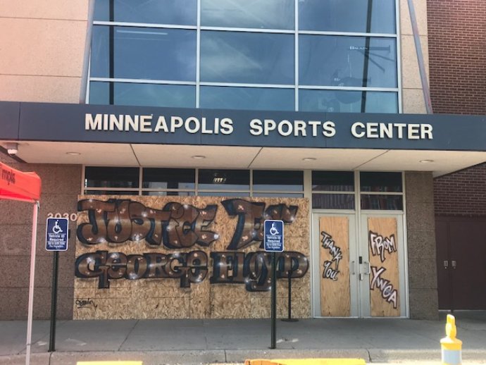 YWCA Minneapolis Sports Center with Justice for George Floyd graffiti art