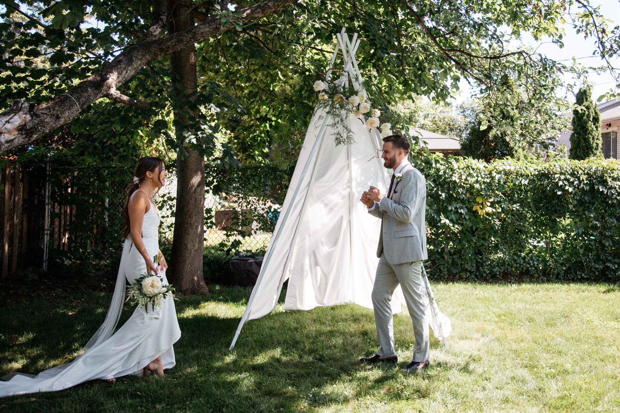 First look during micro backyard wedding photographed by Montreal photographer. 