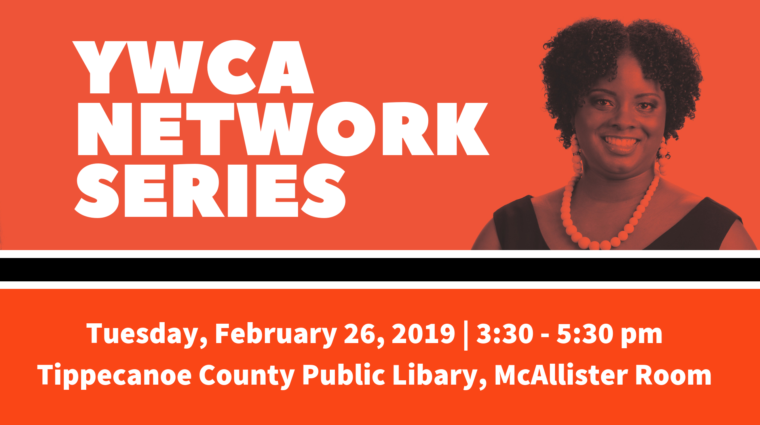 "YWCA Network Series" in white alongside a photo of a Black woman in front of an orange background