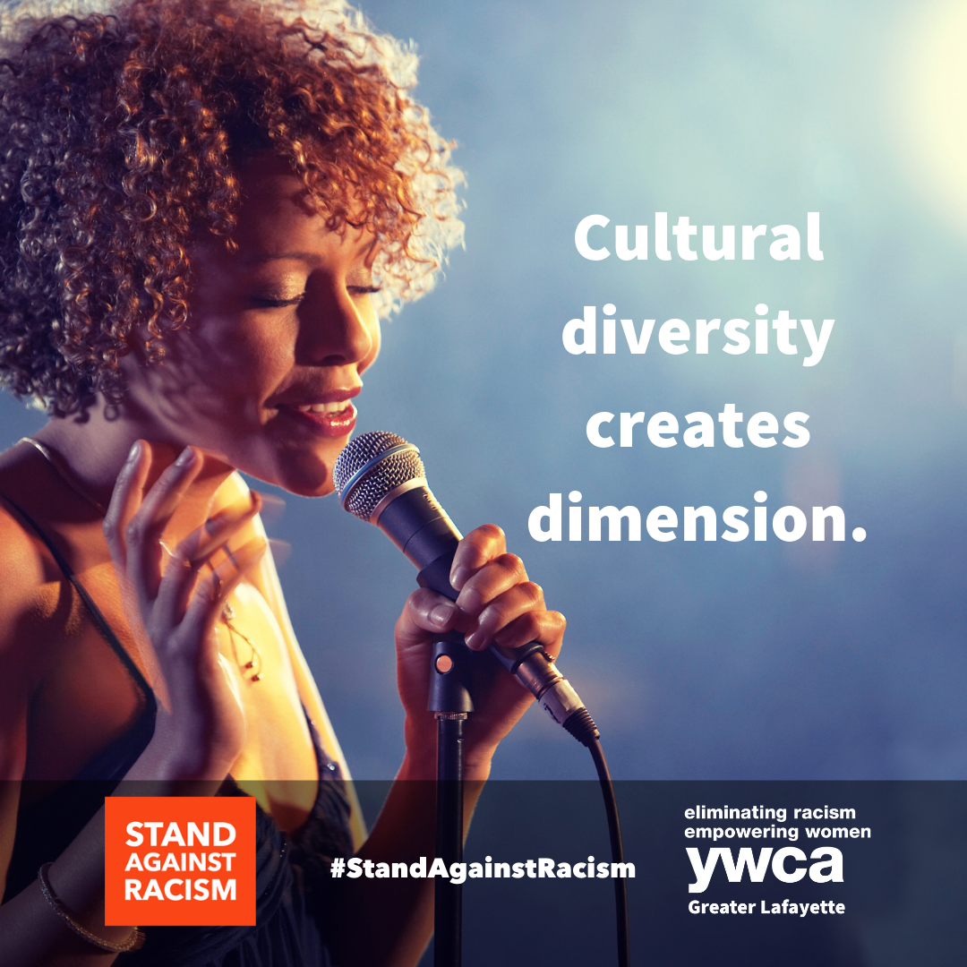 black woman singing next to the words cultural diversity creates dimension.