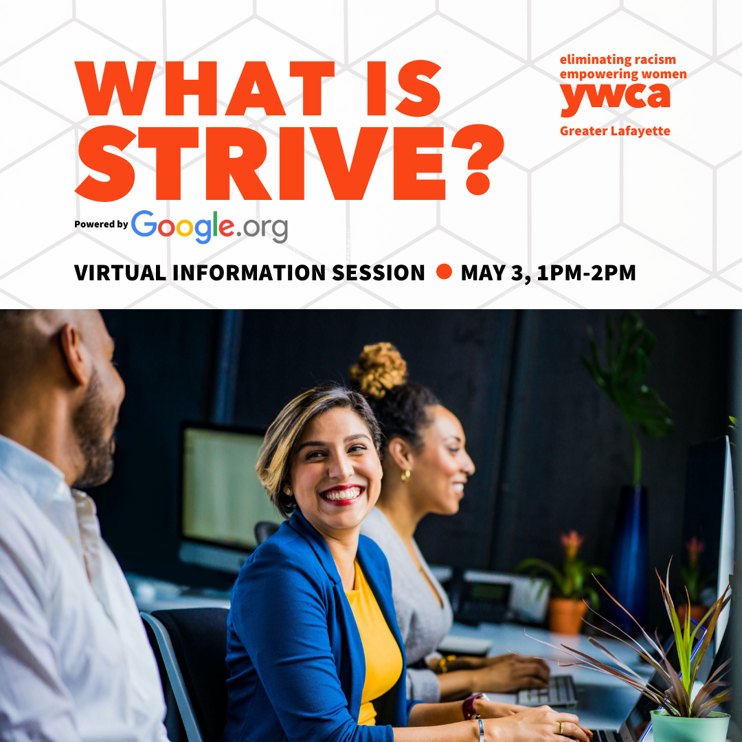 What is strive virtual information sessions may 3 1pm to 2pm diverse people smiling while working at laptops