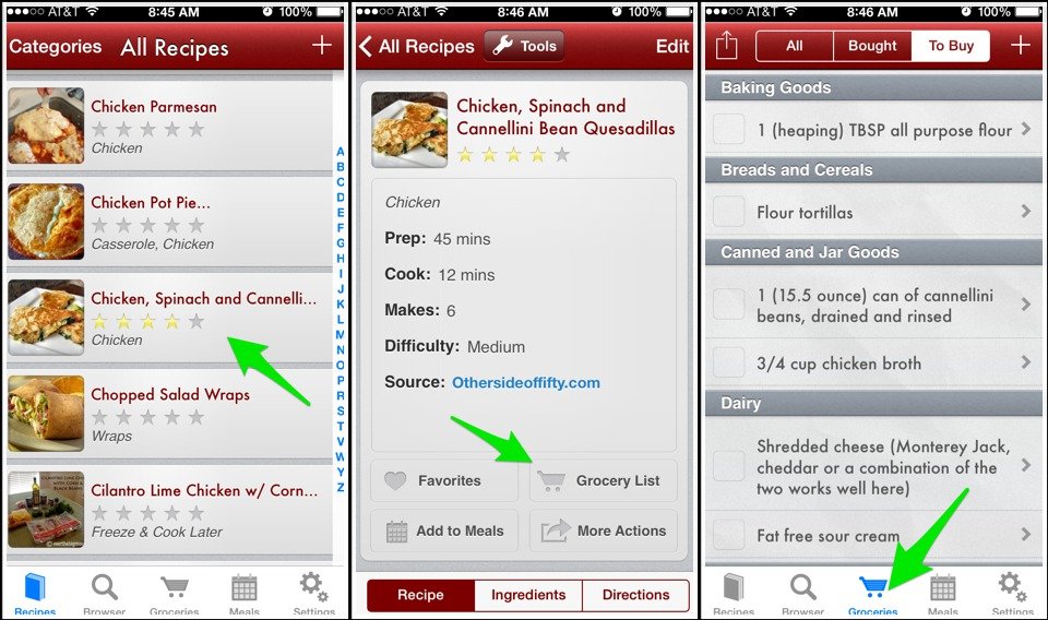 You can select your recipe, click on grocery list and the items you will need to buy. You can check off these items from your phone as you buy them.