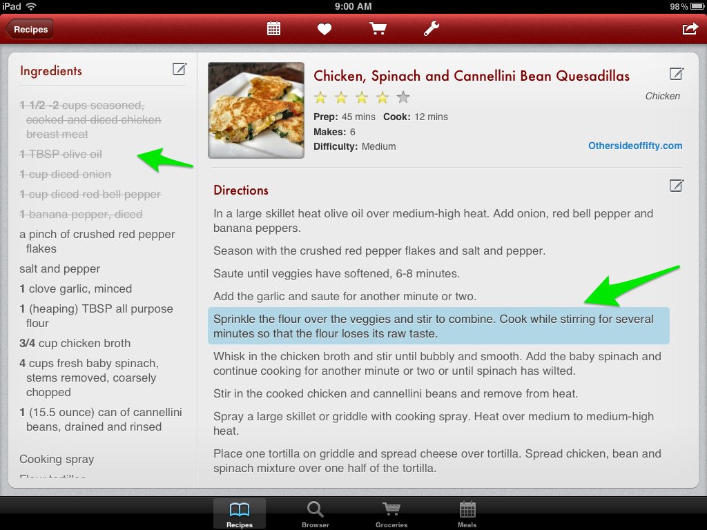 Note: While cooking, you can tap to cross out ingredients as you use them and highlight the step you are on. &nbsp;