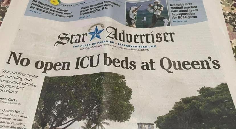 hawaii newspaper article showing ICU beds are full headline