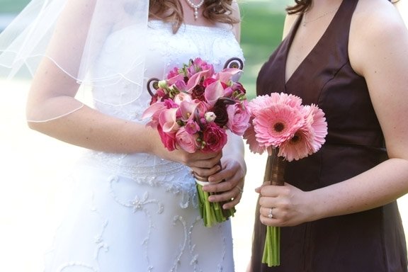 Pink and Chocolate Brown Wedding Flowers by Amanda Johnson