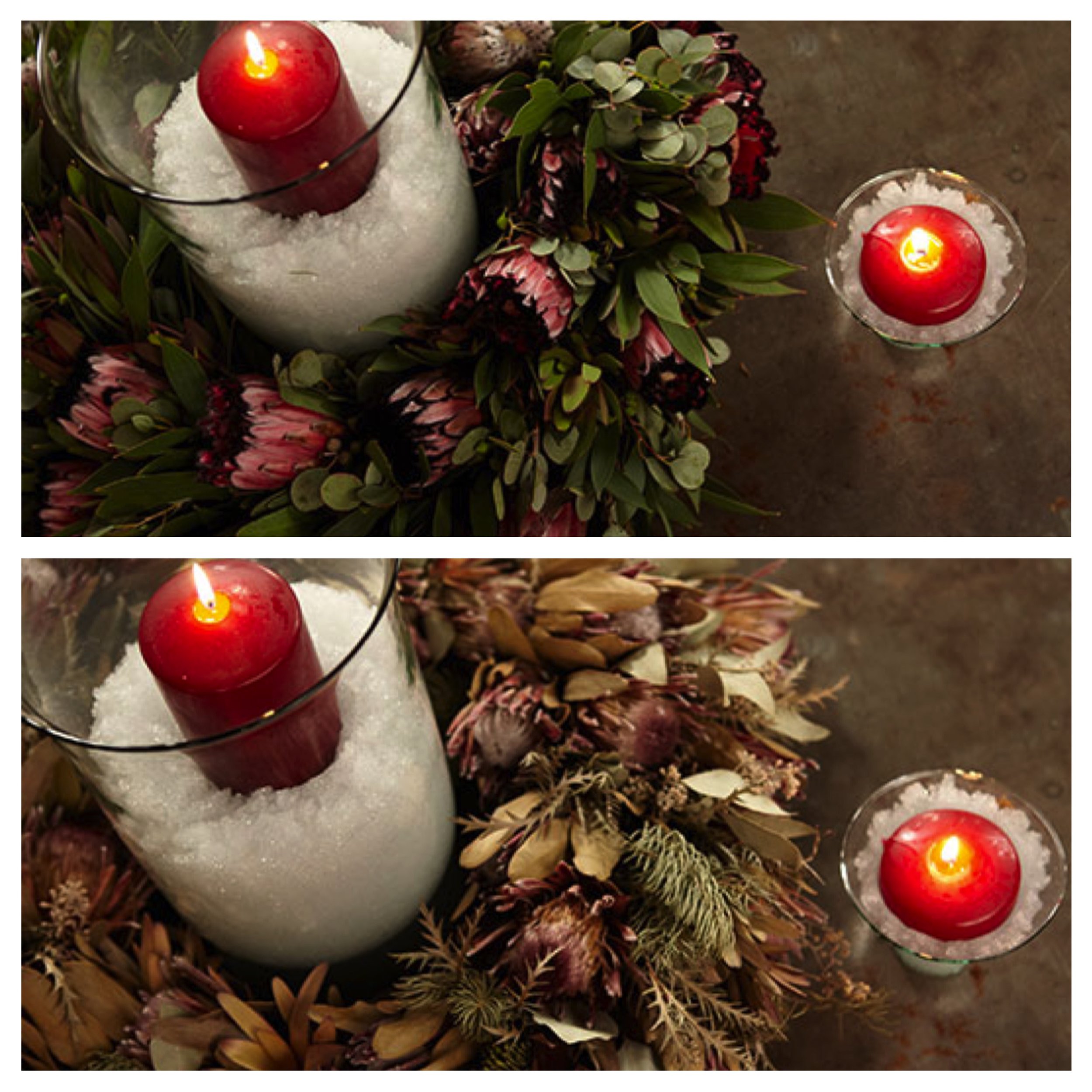 Side by side comparison of a Fresh and Dried Protea Wreath Decoration